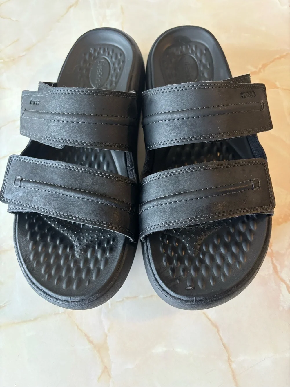 CROCS Men's Black Double-Strap Leather Adjustable Slide Sandals